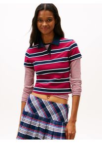 Poloshirt Tommy Jeans "TJW SLIM SH ESSENTIAL SS POLO", Damen, Gr. S (36), lavish cerise, multi stripe, Single Jersey, Obermaterial: 98% Baumwolle, 2% Elasthan, gestreift, slim fit, Shirts Poloshirt
