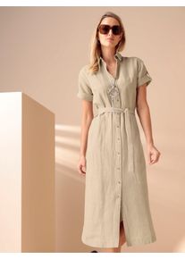 Hemdblusenkleid Heine "Kleid", Damen, Gr. 50, Normalgr&ouml;&szlig;en, sand, meliert, 55% Leinen, 45% Baumwolle, unifarben, lang, V-Ausschnitt, Kleider Hemdblusenkleid