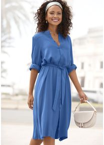 Hemdblusenkleid Lascana, Damen, Gr. 34, N-Gr, blau (royalblau), Web, Obermaterial: 100% Viskose, unifarben, figurumspielend ca. Mitte Wade, Rundhals, 1-Knopf-Manschette, Kleider Hemdblusenkleid, in lockerer Passform, elegantes Sommerkleid, Midikleid