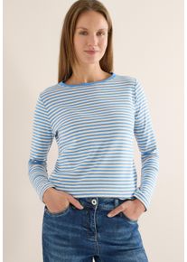 Langarmshirt Cecil, Damen, Gr. M (40), fountain blau, Jersey, Obermaterial: 76% Baumwolle, 24% Modal, gestreift, normal h&uuml;ftbedeckend, Rundhals, Shirts Langarmshirt, im Streifen-Look