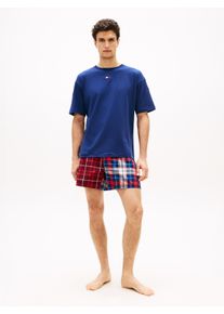 Schlafanzug, Herren, Gr. XXL (56), blau, Web, Obermaterial: 100% Baumwolle, Tommy Hilfiger Underwear, kariert, unifarben, Basic, regular fit kurz, Rundhals, eingesetzt abgesteppte Kante, Homewear-Sets Schlafanzug, Regular fit mit elastischem Bund