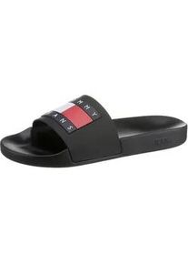 Tommy Hilfiger Badepantolette TOMMY JEANS "TOMMY JEANS POOL SLIDE ESS", Herren, Gr. 40, schwarz, Synthetik, Schuhe Badelatschen Pantolette, Sommerschuh, Poolslides, Schlappen, mit plakativer Logoflag