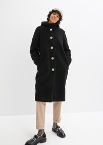 bonprix Teddymantel mit Kapuze und Taschen, schwarz, Gr.54, Gem&uuml;tlicher Teddymantel mit Knopfleiste ist locker geschnitten