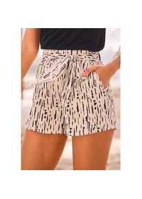 Webshorts s.Oliver, Damen, Gr. 34, N-Gr, beige (beige, schwarz, bedruckt), Web, Obermaterial: 100% Viskose, bedruckt, figurumspielend kurz, Hosen Shorts Strandshorts, mit Alloverdruck und Bindeg&uuml;rtel, kurze Hose, lockere Passform