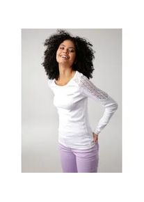 Langarmshirt Kangaroos, Damen, Gr. 40/42, wei&szlig;, Rippware, Obermaterial: 100% Baumwolle. Spitze: 70% Baumwolle, 30% Polyamid, bedruckt, kontrastfarbene Details, unifarben, sehr figurbetont h&uuml;ftbedeckend, Rundhals, Shirts Langarmshirt, Langarm, sehr figurbetonte Passform, aus Rippware