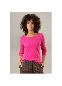 Langarmshirt Aniston CASUAL, Damen, Gr. 44, pink, Rippware, Obermaterial: 95% Baumwolle, 5% Elasthan, Strukturmuster, unifarben, figurbetont h&uuml;ftbedeckend, Rundhals, gewellter Abschluss, Shirts Langarmshirt, mit dekorativen Biesen im Vorderteil