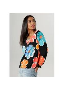 Langarmshirt Aniston SELECTED, Damen, Gr. 46, bunt (schwarz, t&uuml;rkis, orange, blau, rot, beige), Single Jersey, Obermaterial: 95% Viskose, 5% Elasthan, bedruckt, gebl&uuml;mt, figurumspielend h&uuml;ftbedeckend, Rundhals, mit Gummizug, Shirts Langarmshirt, mit Cut-out und farbenfrohem Bl&uuml;tendruck