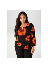 Langarmshirt ANISTON PLUS, Damen, Gr. 52, schwarz (schwarz, orangerot, rostrotanthrazit, grau, wei&szlig;), Single Jersey, Obermaterial: 95% Viskose, 5% Elasthan, bedruckt, gebl&uuml;mt, figurumspielend Po-bedeckend, Rundhals, elastischer Bund mit Gummizug, Shirts Langarmshirt, mit gro&szlig;fl&auml;chigen Mohnbl&uuml;ten bedruckt