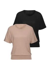 Kurzarmshirt Vivance "mit breitem Bund", Damen, Gr. 48/50, schwarz (beige, schwarz), Feinstrick, Obermaterial: 55% Polyester (REPREVE), 43% Viskose, 2% Elasthan, meliert, bequem normal, Rundhals, Shirts, aus weichem Viskose-Feinstrick