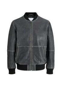 Jack & Jones Lederjacke JACK & JONES "JJECHARGE LEATHER BOMBER SN", Herren, Gr. S, schwarz (schwarz detail:washed), Web, Obermaterial: 100% Lammleder, unifarben, regular fit, hoch geschlossener Ausschnitt, Rippb&uuml;ndchen, Jacken