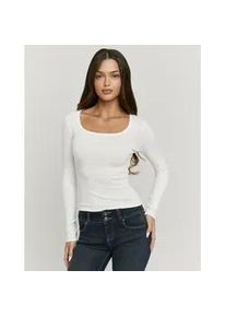 Langarmshirt Tally Weijl "STSCOORLA", Damen, Gr. M, sanftes wei&szlig;, Jersey, Obermaterial: 100% Baumwolle, unifarben, figurbetont taillenbedeckt, tiefer Rundhals, Shirts Langarmshirt, Baumwollmischung, figurbetont