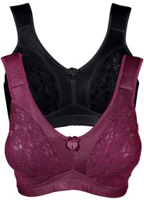 Entlastungs-BH bonprix, Damen, Gr. 100, Cup G, schwarz (schwarz, bordeaux), Obermaterial: 84% Polyamid, 16% Elasthan. Futter: 100% Polyamid. Spitze: 100% Polyamid, unifarben, BHs Entlastungs-BH, mit gepolsterten Tr&auml;gern, ohne B&uuml;gel, mit Haken & &Ouml;sen Verschluss