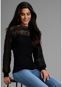 Strickpullover Bruno Banani, Damen, Gr. 46, schwarz, Strick, Obermaterial: 70% Viskose, 30% Polyamid, gebl&uuml;mt, unifarben, figurbetont h&uuml;ftbedeckend, U-Boot-Ausschnitt, Rippb&uuml;ndchen, Pullover Strickpullover, mit Spitze auf &Auml;rmel und Schulter