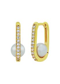 Paar Creolen Amor, gelbgoldfarben, wei&szlig;, wei&szlig;, Ohrringe, Damen, 5mm, Perlen Silber 925 (Sterlingsilber), Perlen, Silber 925 (Sterlingsilber), Paar Creolen, mit Zirkonia (synth.) und Muschelkernperle