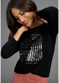 Longsleeve Laura Scott, Damen, Gr. 36/38, schwarz, Jersey, Obermaterial: 95% Viskose, 5% Elasthan, Glitzermuster, bedruckt, unifarben, Basic h&uuml;ftbedeckend, Rundhals, Shirts Longsleeve, mit Pailletten und Foliendruck