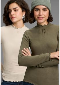 Longsleeve Laura Scott, Damen, Gr. 32/34, gr&uuml;n (sand, oliv), Rippware, Obermaterial: 95% Viskose, 5% Elasthan, clean, unifarben, Basic, figurbetont h&uuml;ftbedeckend, Shirts Longsleeve, gerippt mit R&uuml;schen