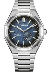 Automatikuhr Citizen "Super Titanium Zenshin 60", silber (titansilberfarben, dunkelblau), Armbanduhren, Herren, Automatikuhr, Armbanduhr, Herren, Mechanische Uhr, Titan, analog, dezentrale Sekunde