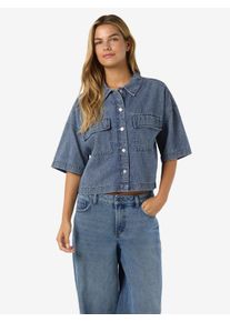 Jeansbluse Noisy may "NMENZA S/S REG CROP SHIRT MG004MB NOOS", Damen, Gr. M, medium blau denim, Denim/Jeans, Obermaterial: 100% Baumwolle, unifarben, oversize normal, Blusen Jeansbluse