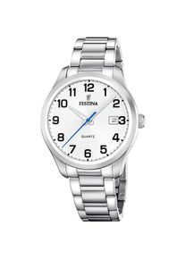 Quarzuhr Festina "Classic Steel", silberfarben, wei&szlig;, Armbanduhren, Herren, Quarzuhr, Armbanduhr, Herrenuhr, Edelstahlarmband, analog, Tag