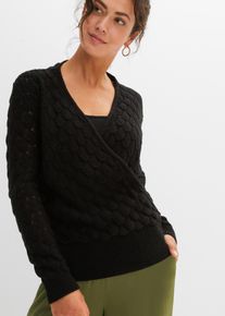 Strickpullover bonprix, Damen, Gr. 36/38 (S), schwarz, Obermaterial: 100% Polyacryl, loose fit, Pullover Strickpullover, aus Polyacryl, mit Wickeloptik, mit Ajour-Strick, lockere Passform