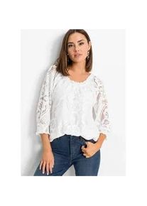 T-Shirt bonprix, Damen, Gr. 56/58 (XXXL), wei&szlig; (wollwei&szlig;), Obermaterial: 100% Polyester. Futter: 100% Polyester, bequem, Shirts T-Shirt, bequeme Passform, 3/4-&Auml;rmel, mit Spitzen-Design, aus Polyester