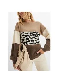 Strickpullover bonprix "Oversize-Pullover", Damen, Gr. 36/38 (S), braun (braun, taupe, creme leo bedruckt), Strick, Obermaterial: 75% Polyacryl, 22% Polyester, 3% Elasthan, gemustert, oversize h&uuml;ftbedeckend, Rundhals, Rippstrickb&uuml;ndchen, Pullover Strickpullover, mit gemustertem Design, mit Glitzergarn Details, Materialmix