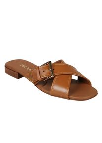 Prada Sandalen - Crisscross Leather Slide Sandal With Adjustable Bu - Gr. 40 (EU) - in Braun - f&uuml;r Damen