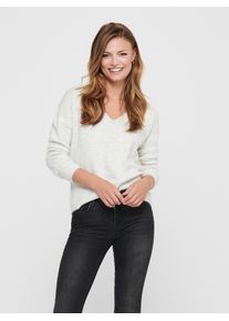 Jacqueline de Yong V-Ausschnitt-Pullover JDY "JDYELANORA L/S V-NECK PULLO. KNT NOOS", Damen, Gr. XS, wei&szlig; (cloud dancer detail:melange), Strick, Obermaterial: 74% Polyacryl, 20% Nylon, 6% Elasthan, meliert, unifarben, figurumspielend h&uuml;ftlang, tiefer V-Ausschnitt, Rippb&uuml;ndchen, Pullover V-Ausschnitt-Pullover, mit leicht &uuml;berschnittenen Schultern