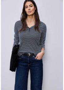 Langarmshirt Street One, Damen, Gr. 38, shadowed navy, Feinripp, Obermaterial: 96% Baumwolle, 4% Elasthan, gestreift, tailliert h&uuml;ftbedeckend, tiefer V-Ausschnitt, Shirts Langarmshirt, im Streifen-Design und mit V-Ausschnitt