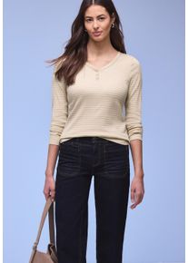 Langarmshirt Street One, Damen, Gr. 44, cotton beige, Feinripp, Obermaterial: 96% Baumwolle, 4% Elasthan, gestreift, tailliert h&uuml;ftbedeckend, tiefer V-Ausschnitt, Shirts Langarmshirt, im Streifen-Design und mit V-Ausschnitt