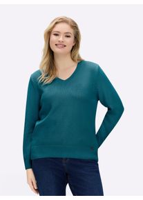 sheego Gro&szlig;e Gr&ouml;&szlig;en V-Ausschnitt-Pullover mit Baumwolle, petrol, Gr&ouml;&szlig;e 52 - Damen