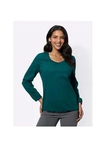 Langarmshirt Classic Basics "Langarm-Shirt", Damen, Gr. 48, blau (petrol), 100% Baumwolle, unifarben, V-Ausschnitt, Shirts Langarmshirt