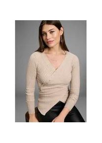 V-Ausschnitt-Pullover Bruno Banani, Damen, Gr. 44, creme, melange, Obermaterial: 50% Viskose, 28% Polyester, 22% Polyamid, meliert, unifarben, figurbetont h&uuml;ftlang, V-Ausschnitt, Rippb&uuml;ndchen, Pullover, Wickeloptik und edles Knopfdetail