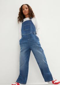 bonprix Jeans-Latzhose Mid Waist, blau, Gr.170, Coole weit geschnittene M&auml;dchen Jeans-Latzhose mit vielen Taschen und soften Used-Effekten, 82% Baumwolle