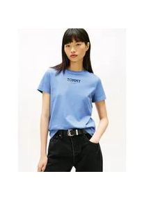 Tommy Hilfiger Kurzarmshirt TOMMY JEANS "TJW REG ESSENTIAL LOGO 2 TEE EXT", Damen, Gr. S (36), light horizon blau, Single Jersey, Obermaterial: 100% Baumwolle, bedruckt, regular fit, Rundhals, Shirts