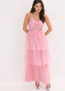 bonprix Abendkleid mit Spitze und feinem T&uuml;ll-Rock, rosa, Gr.50, Romantisches Abendkleid aus zartem T&uuml;ll mit Paillettenstickerei im Oberteil und Volant-Stufen-Rock
