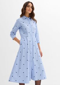 bonprix Hemdblusenkleid aus reiner Bio-Baumwolle, blau, Gr.42, Hemdblusenkleid mit Herz-Stickerei, aus 100% Baumwolle