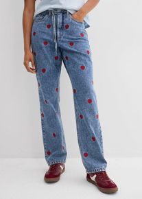 bonprix Loose Straight-Jeans High Waist Baumwolle, blau, Gr.50, Loose Straight-Jeans High Waist mit Herz-Stickerei aus Baumwolle, aus 100% Baumwolle