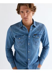 Langarmhemd Wrangler "WESTERN SHIRT", Damen, Gr. XL, N-Gr, mid_light_wash, Web, Obermaterial: 100% Baumwolle, regular fit normal, &Auml;rmel mit &Auml;rmelschlitz Manschette mit Druckkn&ouml;pfen, Hemden Langarmhemd