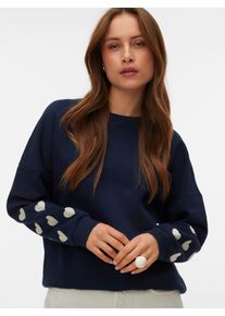 V&eacute;ro Moda Sweatshirt VERO MODA "VMKAROL BEA LS SWEAT BOX JRS GA", Damen, Gr. XS, navy blazer detail:wei&szlig; emb hearts on sleeves, Sweatware, Obermaterial: 52% Baumwolle, 48% Polyester, unifarben mit Farbeinsatz, loose fit normal, Rundhals, Sweatshirts Sweatshirt, mit Blumendruck