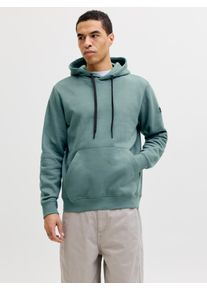 Jack & Jones Kapuzensweatshirt JACK & JONES "JCOFUSION SWEAT BADGE HOOD", Herren, Gr. S, north atlantic, angeraute Sweatware, Obermaterial: 52% Polyester, 48% Baumwolle, unifarben, relaxed fit normal, ohne Ausschnitt, Sweatshirts Kapuzensweatshirt