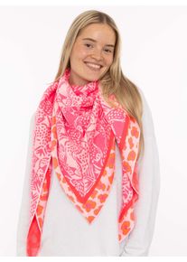 Dreieckstuch Zwillingsherz "Angry Leo", Damen, orange pink beige, Strick, Baumwollmischung, Modet&uuml;cher Dreieckstuch, Leopardmuster, Strick, w&auml;rmend
