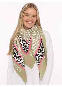 Dreieckstuch Zwillingsherz "Peace", Damen, khaki, Strick, Materialmix, gemustert, mehrfarbig, Modet&uuml;cher Dreieckstuch, Schriftzug und Leomuster, w&auml;rmend, Strick