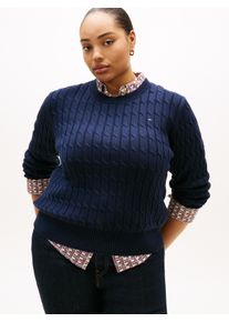 Rundhalspullover Tommy Hilfiger Curve "CRV CO CABLE MID GG C-NK LS SWT", Damen, Gr. 52, schwarz night navy, Strick, Obermaterial: 100% Baumwolle, unifarben, Rundhals, Rippb&uuml;ndchen, Pullover Rundhalspullover, in gro&szlig;en Gr&ouml;&szlig;en, mit Zopfmuster