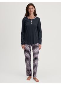 Schlafanzug Calida "Family & Friends", Damen, Gr. M (44/46), schwarz sapphire, Interlock, Obermaterial: 100% Baumwolle, bequem lang, Serafino, Homewear-Sets Schlafanzug, Knopfleiste, Pure Cotton, Langarm, Serafino-Ausschnitt, weich