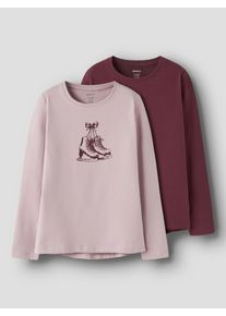 Langarmshirt name it "NKFVIX 2P LS TOP", M&auml;dchen, Gr. 122/128, keepsake lila pack:burgundy snowflake, Jersey, Obermaterial: 95% Baumwolle, 5% Elasthan, bedruckt, normal normal, Rundhals, Shirts Langarmshirt