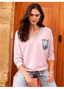 Langarmshirt Heine "Shirt", Damen, Gr. 40, hellros&eacute;, 100% Baumwolle, bedruckt, gemustert, mehrfarbig, unifarben, V-Ausschnitt, Shirts Langarmshirt