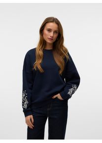 V&eacute;ro Moda Sweatshirt VERO MODA "VMKAROL BEA LS SWEAT BOX JRS GA", Damen, Gr. S, navy blazer detail:embroidery on sleeves, Sweatware, Obermaterial: 52% Baumwolle, 48% Polyester, unifarben mit Farbeinsatz, loose fit normal, Rundhals, Sweatshirts Sweatshirt, mit Blumendruck
