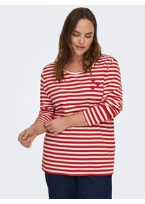 Langarmshirt Only CARMAKOMA "CARBODIL L/S O-NECK BLOUSE JRS", Damen, Gr. S, barbados cherry stripes:cloud dancer, with emb. hearts, Jersey, Obermaterial: 63% Polyester, 33% Baumwolle, 4% Elasthan, gestreift, regular fit normal, Rundhals, Shirts Langarmshirt, Materialmix, regular fit
