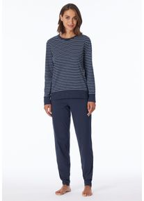 Schlafanzug uncover by Schiesser "Uncover Nightwear", Damen, Gr. 48, blau (803, blau), Single Jersey, Obermaterial: 100% Baumwolle, bequem lang, Rundhals, angesetztes B&uuml;ndchen, Homewear-Sets Schlafanzug, Rundhalsausschnitt, Pure Cotton, Streifen, Single Jersey, Langarm